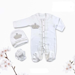 Marzen İncili 3'lü Bebek Tulum Set- Beyaz